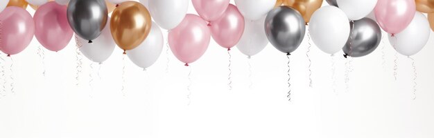 weißer Hintergrund mit fallenden rosa und silbernen Goldballons