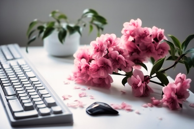 Weißer Hintergrund mit rosa Blumen und Tastatur