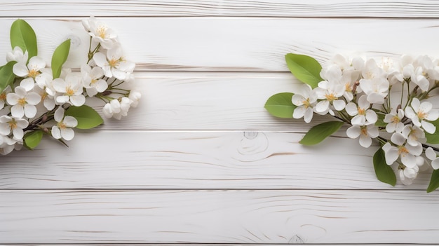 Weißer Holzbrett-Hintergrund mit Kopierraum, der von blühenden Blumen eingerahmt ist