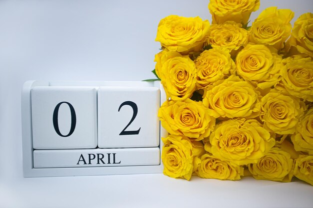 Weißer Holzkalender 2. April und gelbe Rosen auf weißem Hintergrund Feiertage