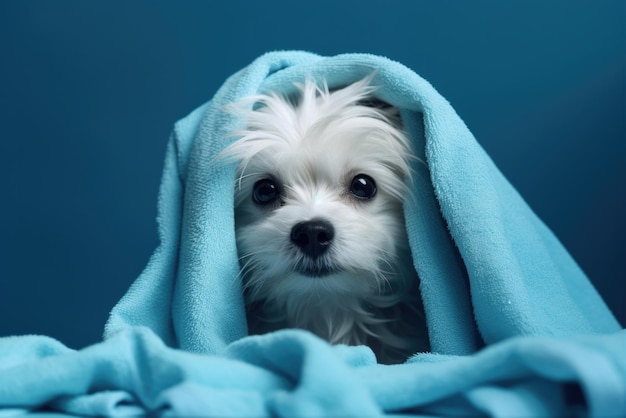 Weißer Hund in einem Handtuch nach dem Baden auf blauem Hintergrund Hochqualitätsfoto