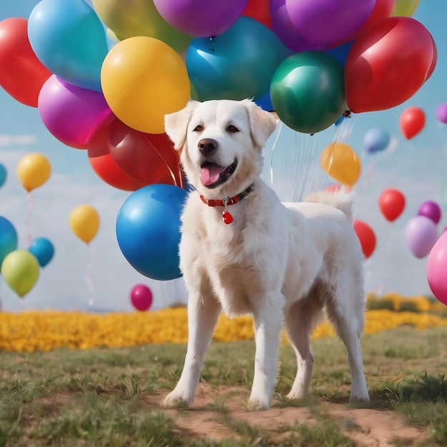 Weißer Hund mit bunten Ballons