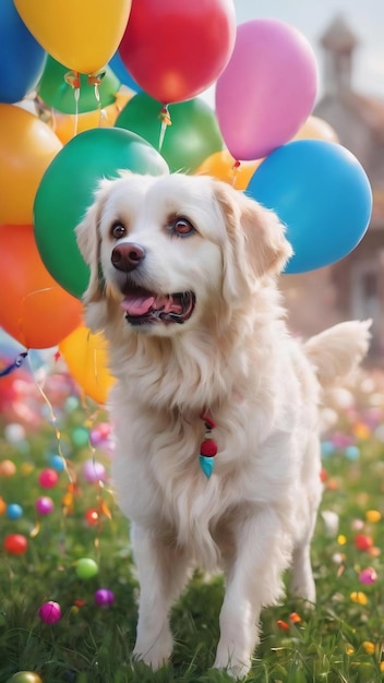 Weißer Hund mit bunten Ballons