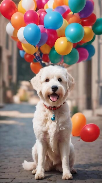 Weißer Hund mit bunten Ballons