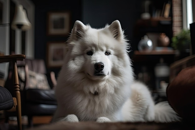 Weißer Hund sitzt auf einem Holzboden Generative KI