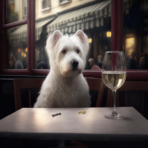 Weißer Hund sitzt im Café und trinkt das Glas Wein. Hund im Restaurant.