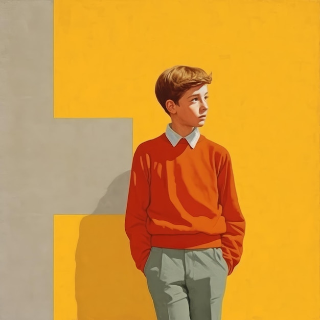 Weißer Junge in Gedanken und Zweifeln stellt eine Ölmalerei dar. Männliche Figur mit träumigem Gesicht auf abstraktem Hintergrund. Ai erzeugt ein leuchtendes Poster auf Acryl-Leinwand.