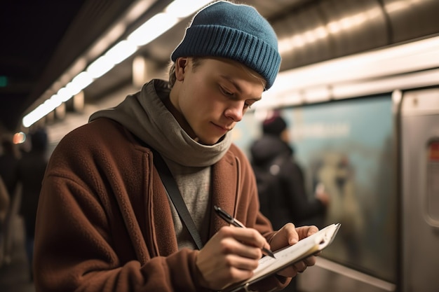 Weißer junger Mann schreibt Notizen in der New Yorker U-Bahn. Generative KI