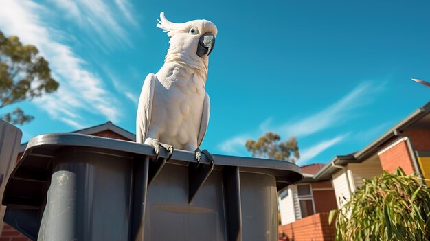 Weißer Kakadu-Papagei sitzt im Freien auf einem Müllcontainer, Foto in hoher Qualität