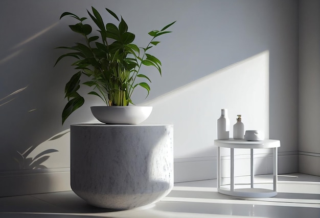 Weißer Keramik-Beistelltisch neben einer Marmorbadewanne in einem modernen Badezimmer mit Grünpflanzen AI-Generiert