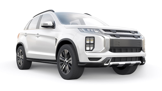 Weißer kompakter urbaner SUV auf einem weißen einheitlichen Hintergrund mit einem leeren Körper für Ihr Design 3D-Rendering