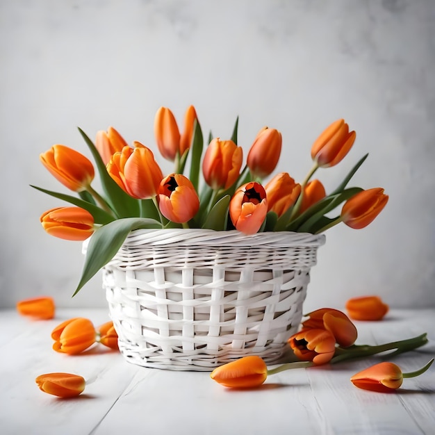 Weißer Korb mit orangefarbenen Tulpen auf weißem Hintergrund