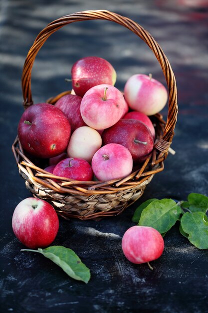 Weißer Korb mit rosa reifen Äpfeln