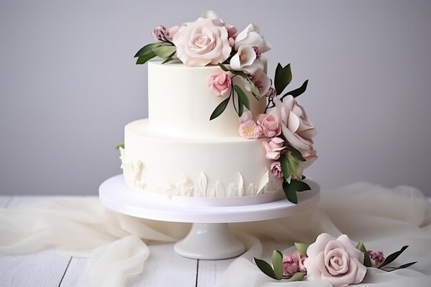 Foto weißer kuchen mit wunderschönen blumen geschmückt