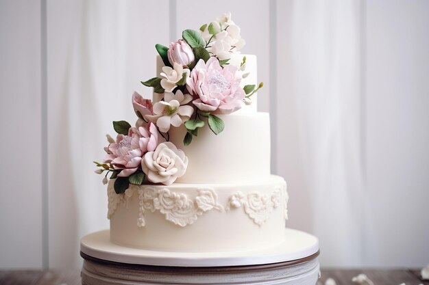 Foto weißer kuchen mit wunderschönen blumen geschmückt