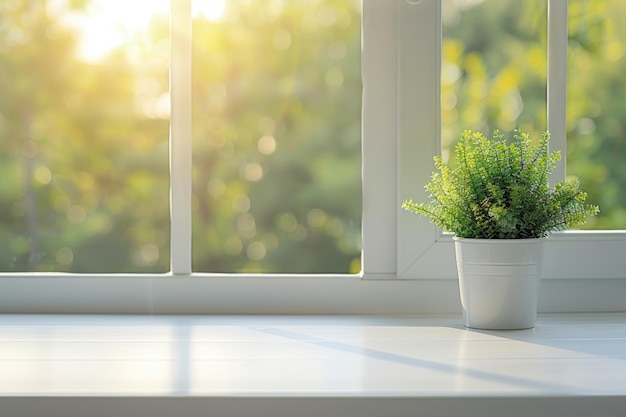 Foto weißer küchentisch mit grüner pflanze und fensteransicht im frühling