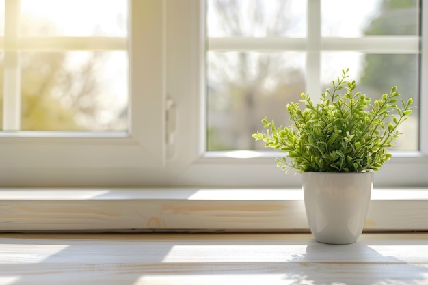 Weißer Küchentisch mit grüner Pflanze und Fensteransicht im Frühling