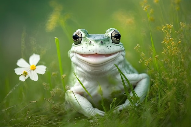 Weißer lächelnder Frosch im Gras auf grünem Hintergrund, erstellt mit generativer KI