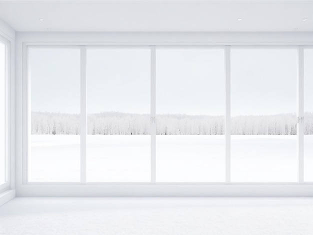 Weißer leerer Raum mit Regal und Winterlandschaft in Fenster skandinavischer Innenarchitektur