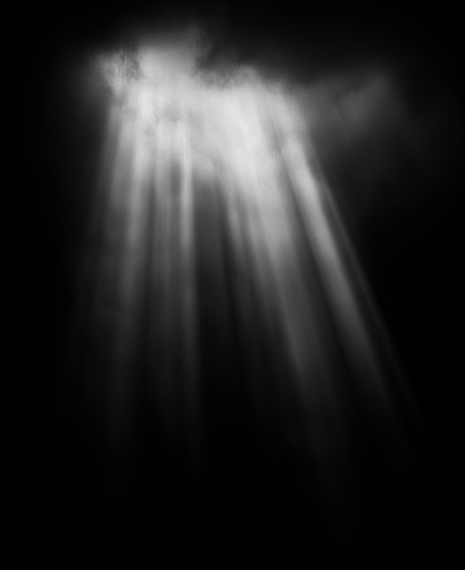 Weißer Lichtstrahl, der von oben aus kaskadiert, isolierter Lichtüberlagereffekt auf schwarzem Hintergrund