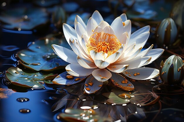 Weißer Lotus auf einem blauen Teich. Generative KI