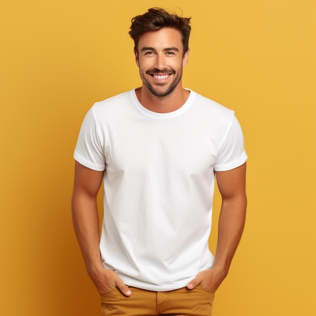 Weißer Mann in einem leeren weißen T-Shirt, leeres männliches T-shirt-Mockup, Copy-Space, weißes T-shirt für Design
