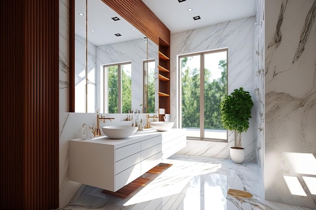 Weißer Marmor dominiert dieses moderne Luxus-Badezimmer, das auch über eine hölzerne Waschtischplatte verfügt