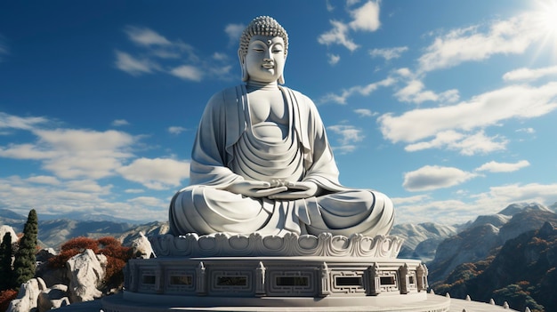 Foto weißer marmor, großer buddha mit blauem himmel