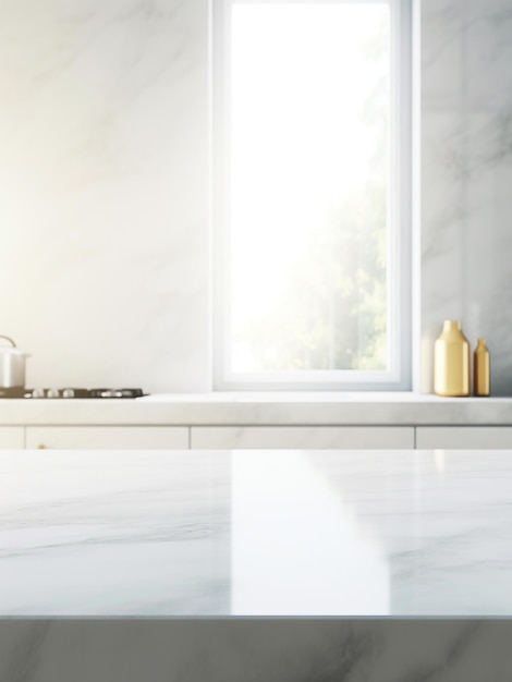 Weißer Marmortisch für die Küche, minimalistisch, geeignet für die Produktpräsentation mit generativer KI