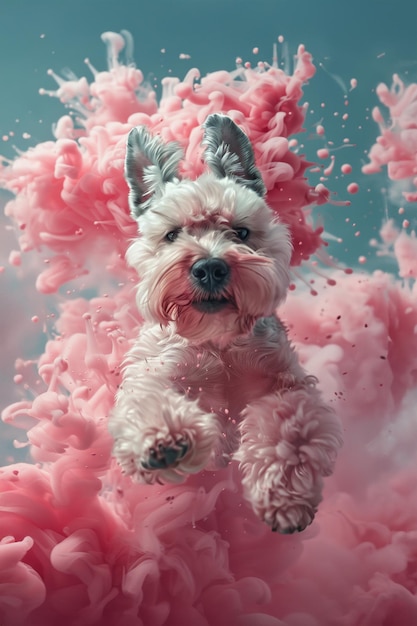 Weißer Miniatur-Schnauzer-Hund, der aus einem launischen Wirbel von rosa Rauch oder Wolken auftaucht