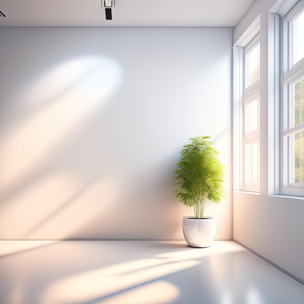 Weißer, minimalistischer Raum mit leeren Wänden und Sonnenlicht, das durch die Fenster strömt