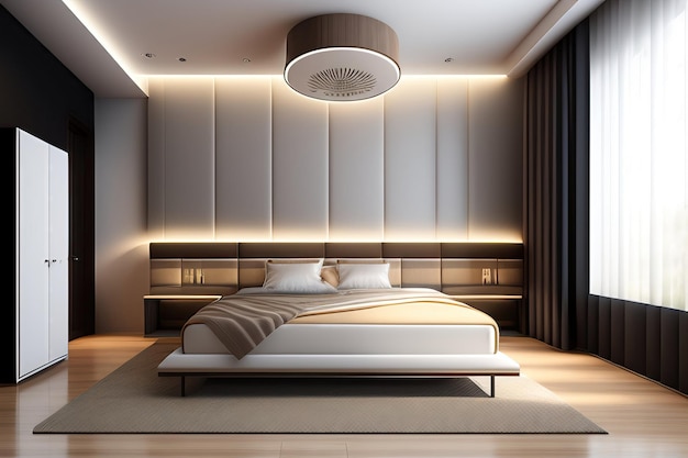 Weißer moderner Design-Luftreiniger Luftentfeuchter durch Arbeitsschreibtisch in beige brauner Wand Schlafzimmer grau cov