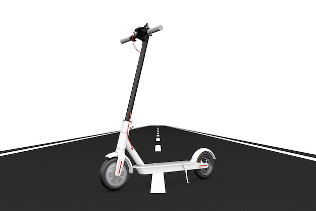 Weißer moderner Eco Electric Kick Scooter über Asphaltstraße auf weißem Hintergrund. 3D-Rendering