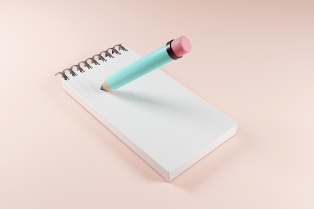 Weißer Notizblock mit blauem Bleistift Minimale 3D-Illustration auf weichem rosa Hintergrund Draufsicht
