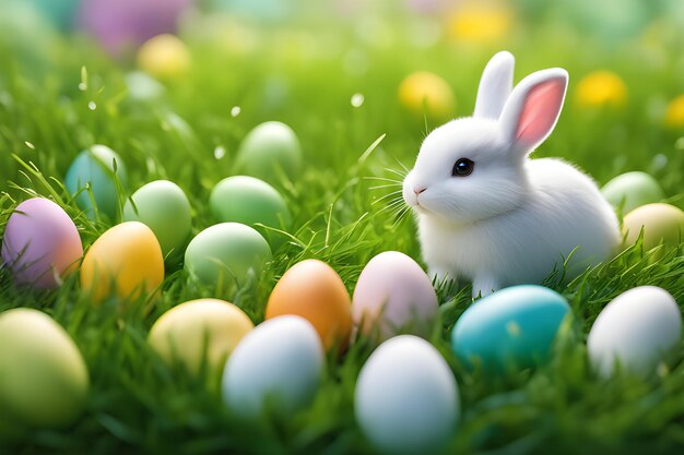 Weißer Osterhase und Ostereier auf einer Frühlingswiese mit grünem Gras Foto Spielplatz KI-Plattform