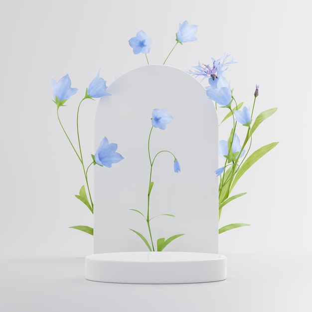 Weißer Podest-Bühnenstand mit Blumenhintergrund für Produktplatzierung 3D-Rendering