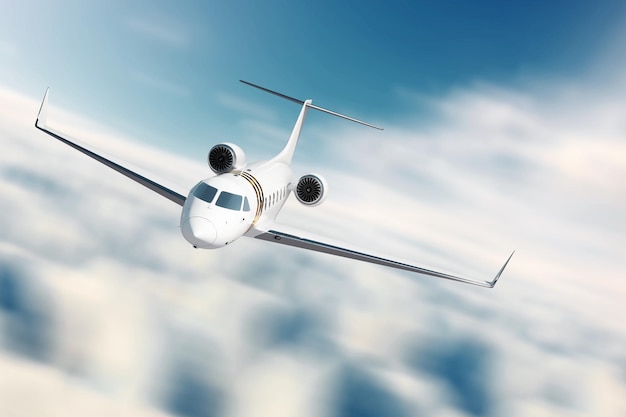 Weißer Privatjet, der am Himmel fliegt, flauschige Wolken Geschäftsflüge Privatjet Luxusleben Geschäftsreisen Luxusreisen 3D-Darstellung 3D-Rendering