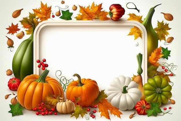 Weißer Rahmen mit Herbsternte- oder Thanksgiving-Kürbis-Herbstblättern und generativen Früchten