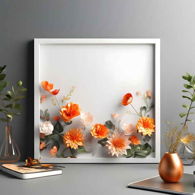 Foto weißer rahmen-mockup mit blumigem design 3d-illustration