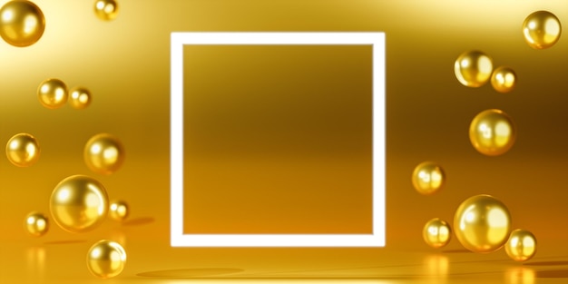 Weißer Rahmen, umgeben von Metallkugeln auf glänzendem goldenem Hintergrund Mit leerem Platz für Text- oder Produktdisplay-Mockups Poster-Produktdesign-Stil Mockup 3D-Rendering