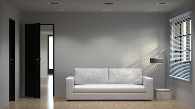 Weißer Raum mit dem Sofa 3D, das leeren weißen Wandhintergrund Innen überträgt