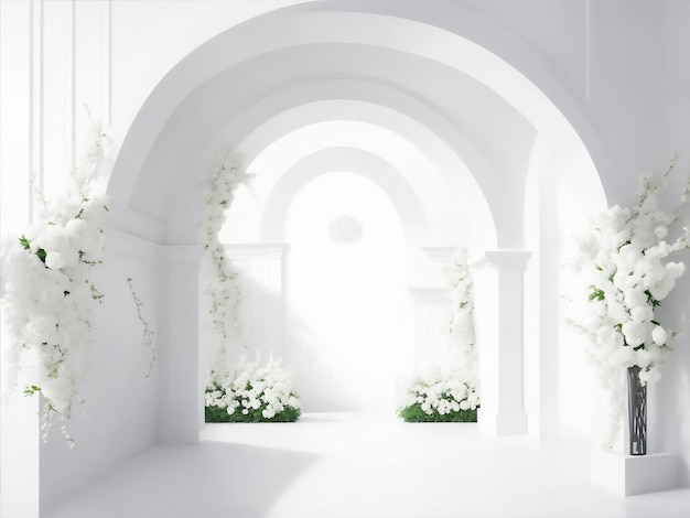 Weißer Raum mit Kurven und Blumen Generative KI-Illustration
