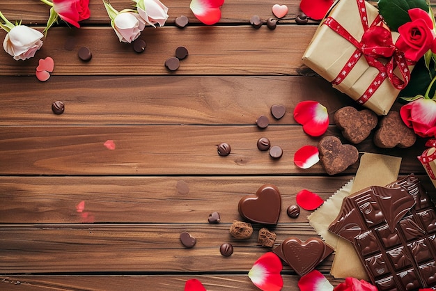 weißer Raum mit Valentinstagsgeschenken, Schokoladenbären in verschiedenen Stilen oben und unten