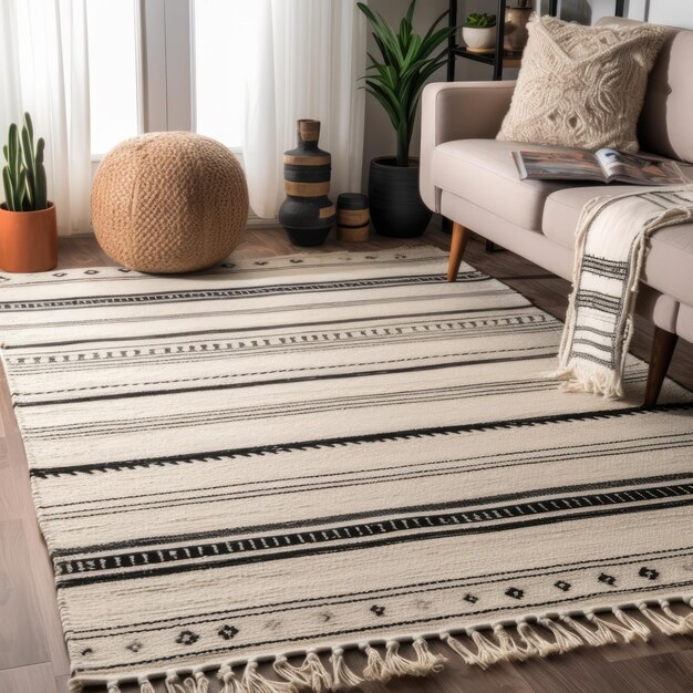 Weißer rechteckiger Teppich mit Muster auf dem Boden im Wohnzimmer, erstellt mit generativer KI-Technologie