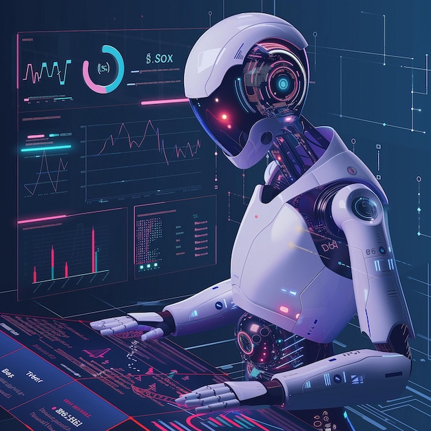 Weißer Roboter analysiert Daten auf einem digitalen Touchscreen