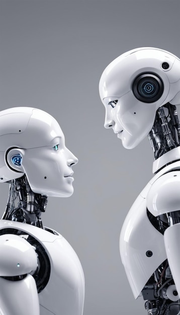 weißer Roboter mit künstlicher Intelligenz, der mit einem Menschen spricht
