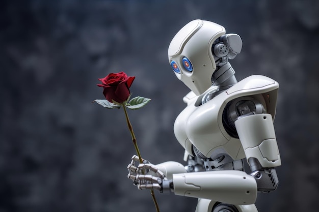 Weißer Roboter mit roter Rose auf weißem Hintergrund Ethik Robotisierung Liebe Ai Hilfe