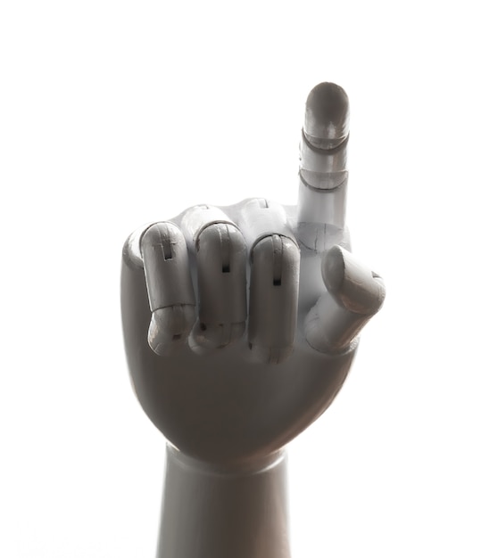 Weißer Roboterhandfingerpunkt lokalisiert auf weißem Hintergrund