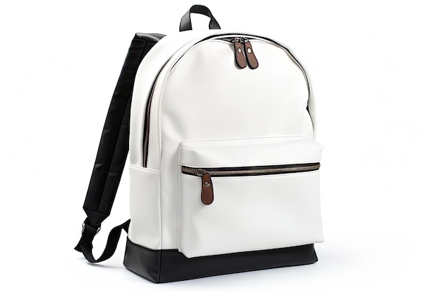 Weißer Rucksack mit schwarzen Riemen auf weißem Hintergrund Schulzeit