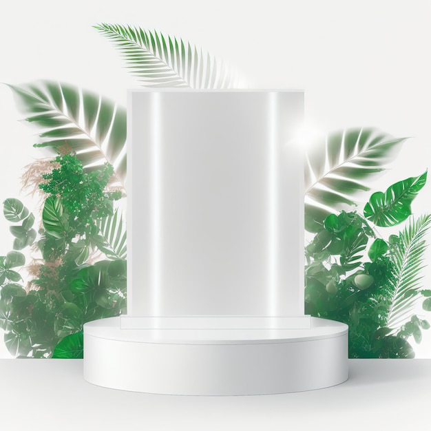 Weißer runder Ausstellungsstand mit grünen Blättern auf einer weißen Hintergrundillustration 3d